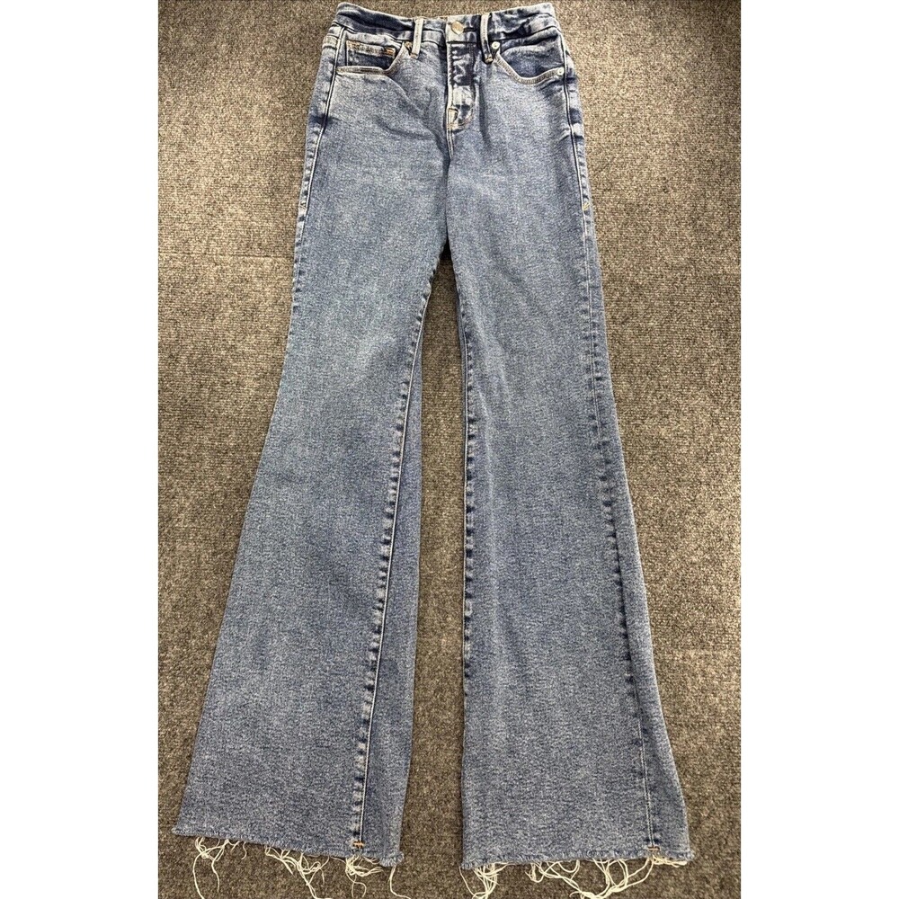 Good American Good Flare Jeans Womens 0 25 High Rise Blue Raw Hem GFH127T